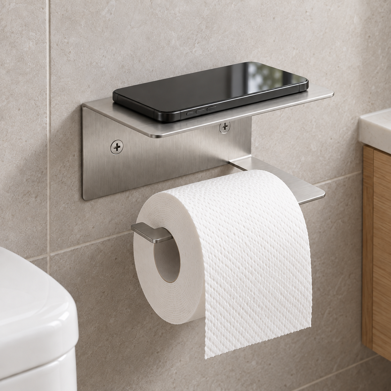 Porta-papel NX-03-IE em inox escovado na parede de revestimento cinza, com celular na prateleira e o rolo de papel pendurado