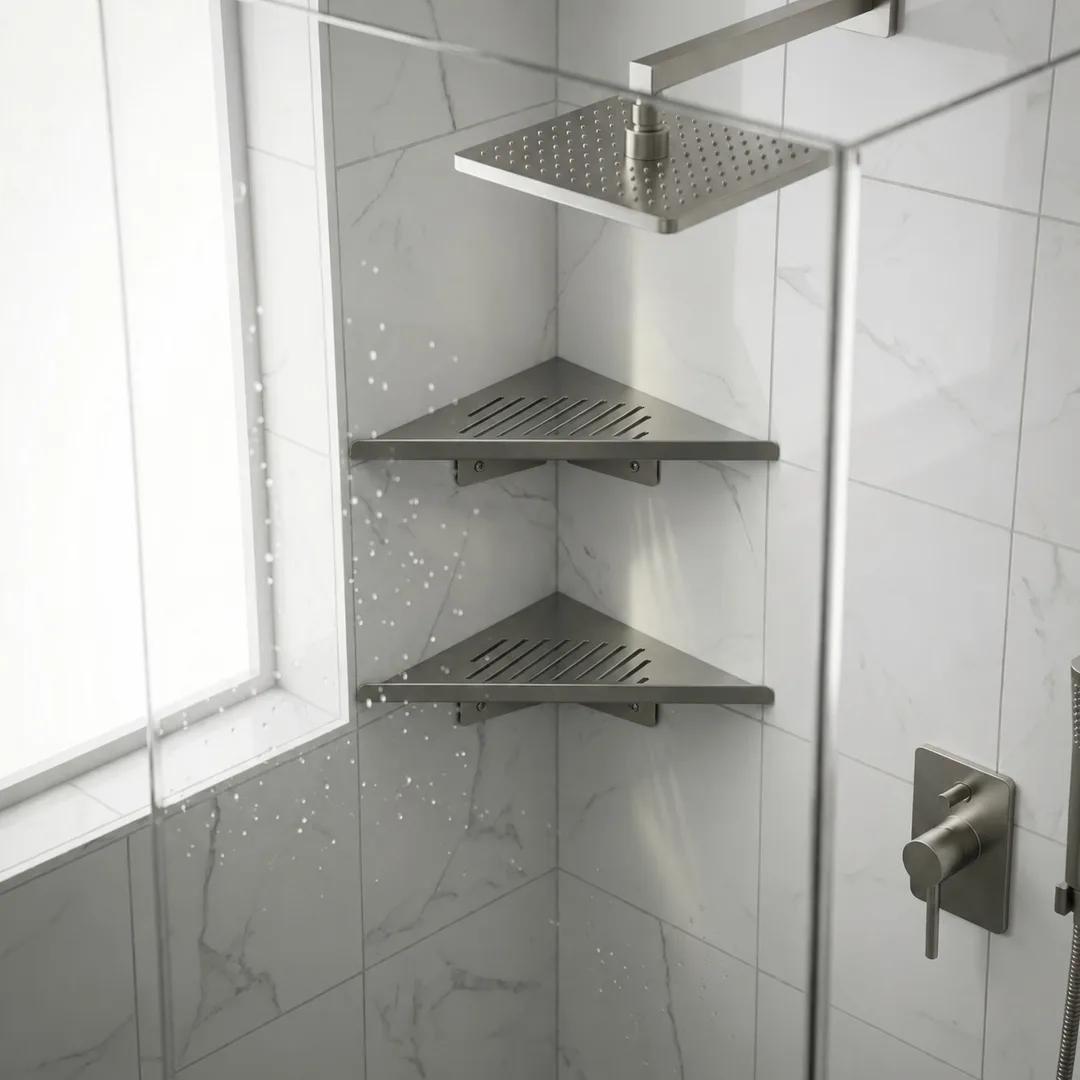 Kit Paris instalado: duas prateleiras de canto em inox no canto do box, sob o chuveiro