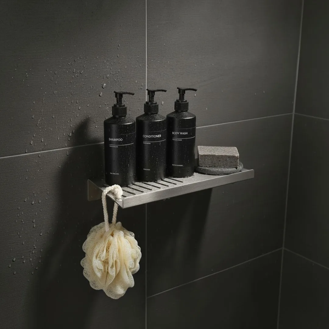 A mesma peça instalada na parede do box, com frascos de banho e sabonete